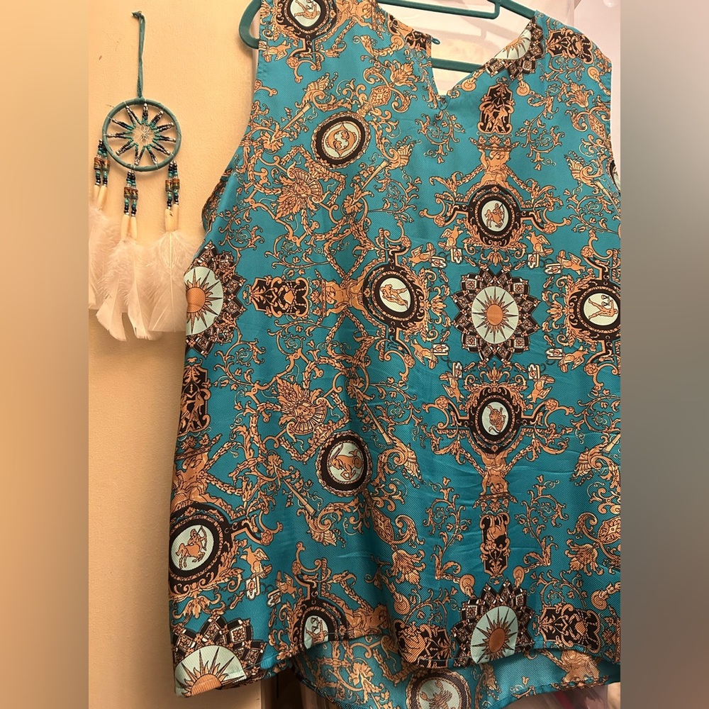 Talbots NWOT Silk File Top Zodiac Print sz 20 sleeveless turquoise, gold, white - Picture 12 of 15